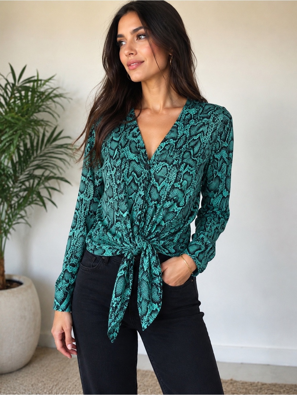 DELFI Collective Green & Pink Snake Print Tie-Front Blouse | XS